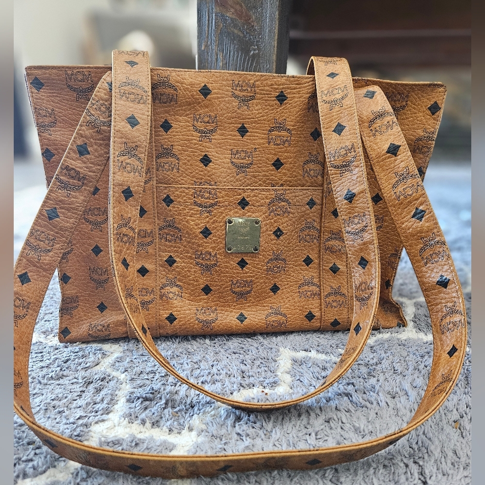 MCM Visetos Cognac Logo Tote Bag